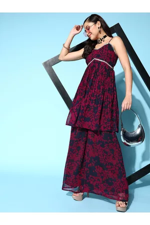 Inddus Women Floral Printed Thread Work Kurti With Palazzos