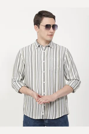 Lee Men Green Vertical Striped Casual Cotton Shirt