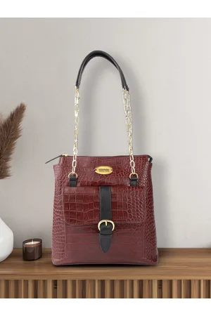 Hidesign Women Maroon & Black Croc-Textured Leather Structured Shoulder Bag