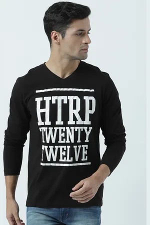 Huetrap Men Black Printed V-Neck Pure Cotton T-shirt