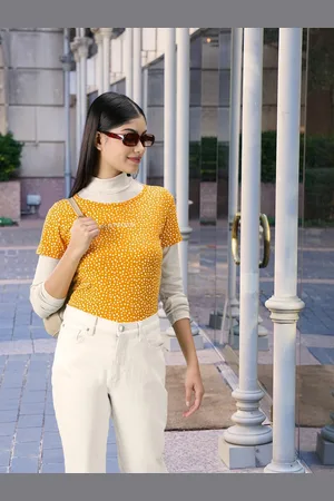MANGO Women Mustard Yellow & White Printed Pure Cotton T-shirt