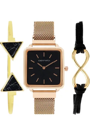 Joker & Witch Women Black and Rosegold Watch Bracelet Gift Set
