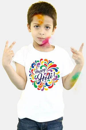 BONKIDS Boys White Happy Holi Round Neck T-shirt