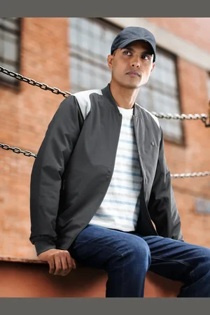 Louis Philippe Men Charcoal Grey Solid Bomber Jacket