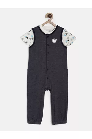 MINI KLUB Boys Charcoal Grey & White Printed T-shirt with Dungarees
