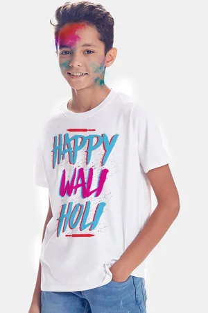 BONKIDS Boys White Typography Printed Holi T-shirt
