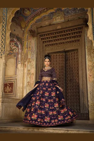 SCAKHI Navy Blue & Green Printed Ready to Wear Lehenga & Blouse With Dupatta