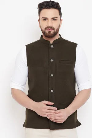 Even Men Olive Green Solid Woven Pure Wool Nehru Jacket