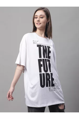 DOOR74 Women Typography Printed Oversize Cotton T-shirt