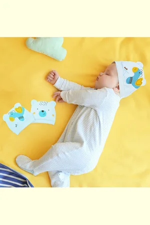 Baby Moo Unisex Kids Blue Set Of 2 Printed Beanie