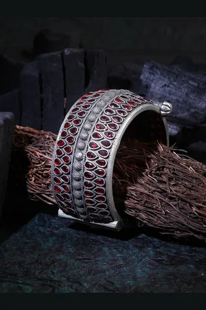 Adwitiya Collection Silver-Plated Oxidised Kada Bangle