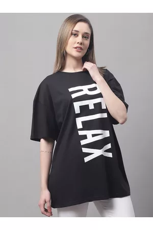 DOOR74 Women Typography Printed Oversized Cotton T-shirt