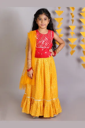LIL DRAMA Girls Red & Yellow Embellished Ready to Wear Lehenga & Choli With Dupatta