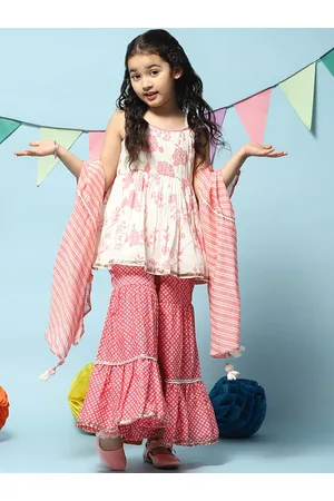 Biba Girls Floral Printed Pleated Kurta with Sharara & With Dupatta