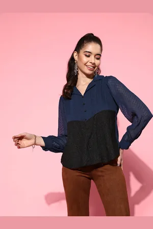 Antheaa Navy Blue & Black Colourblocked Dobby Weave Shirt Style Chiffon Top