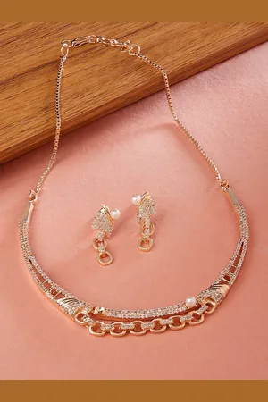 Ami Women Rose Gold-Plated Cubic Zirconia Studded Necklace and Earrings