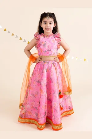 pspeaches Girls Pink & Orange Printed Ready to Wear Lehenga & Blouse With Dupatta