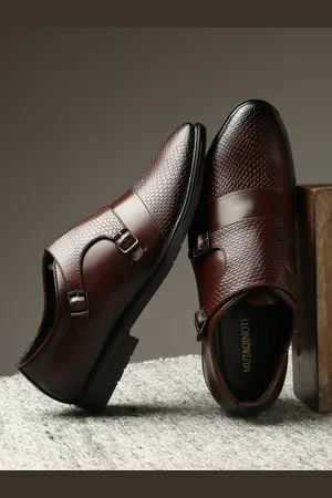 MUTAQINOTI Men Burgundy Textured Patent Leather Formal Monk Shoes