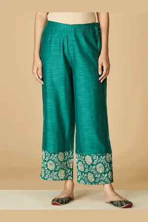 Fabindia Women Green Floral Printed Comfort Straight Fit Cotton Trousers