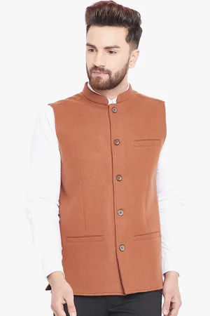 Even Men Brown Solid Pure Woolen Woven Nehru Jacket