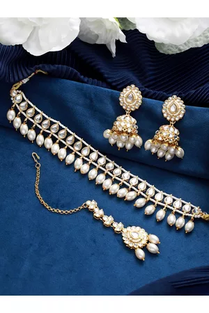 Jazz and Sizzle Gold-Plated Kundan Stone-Studded & Pearl Beaded Choker Necklace Set