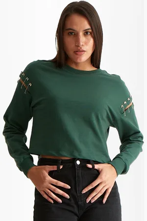 COVER STORY Women Solid Cotton Round Neck Crop Sweatshirt