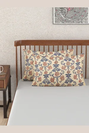 Fabindia Mehulika Beige & Blue Floral Printed Cotton Pillow Cover