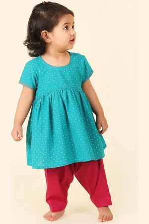 Fabindia Girls Printed Round Neck Empire Pure Cotton Kurta with Salwar