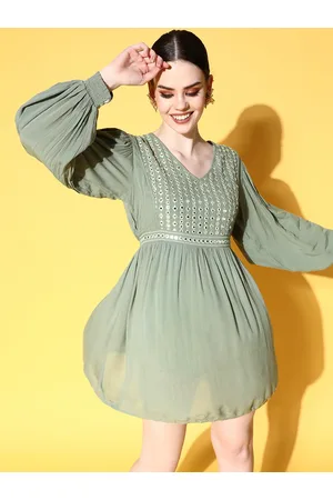 Ishin Green Embellished Crepe A-Line Mini Dress