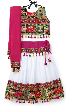 Banjara Girls White & Black Embroidered Thread Work Ready to Wear Lehenga & Blouse With Dupatta