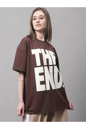 DOOR74 Women Typography Printed Round Neck Cotton Oversize T-shirt