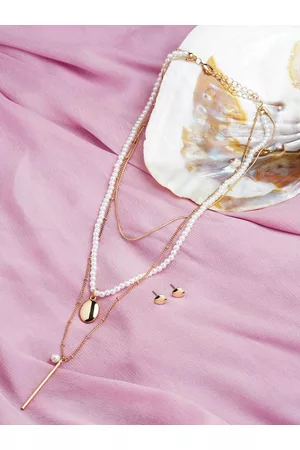 Ami Women Gold-Plated Beaded 3-Layers Necklace and Earrings