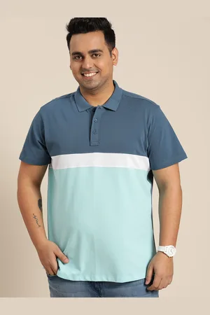 Sztori Men Plus Size Blue & White Colourblocked Polo Collar T-shirt