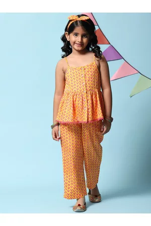 Biba Girls Printed Pleated Pure Cotton Kurti with Trousers