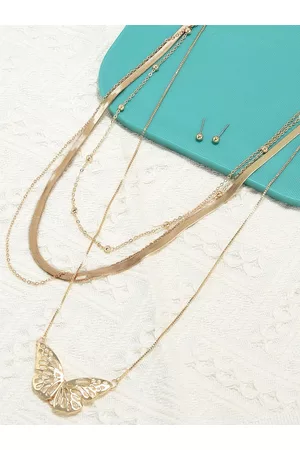 Ami Women Gold-Plated Long Layered Necklace and Earrings