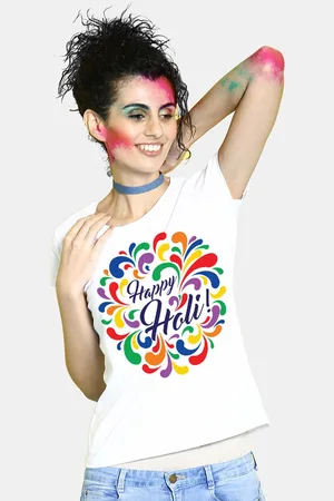 BonOrganik Women White Happy Holi Printed Cotton T-shirt