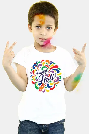 BONKIDS Boys White Happy Holi Round Neck T-shirt