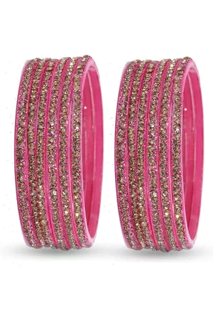NMII Set of 12 Glass and Zircon Gemstone Studded Glossy Finished Bangles