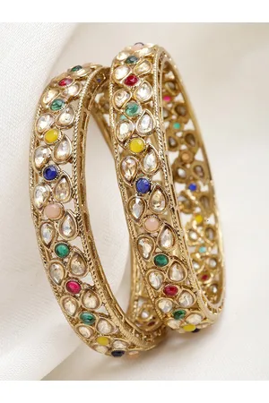 karatcart Set Of 2 Gold-Plated & Kundan-Studded Antique Bangles