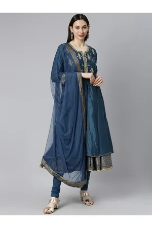 Biba Women Blue Embroidered Kurta with Churidar & With Dupatta