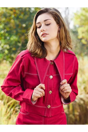 ATHENA Women Floral Crop Cotton Denim Jacket