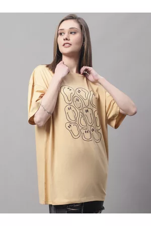 DOOR74 Women Printed Drop-Shoulder Sleeves Cotton T-shirt