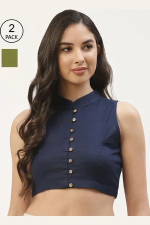 Molcha Women Pack Of 2 Navy Blue & Olive Green Solid Cotton Non-Padded Saree Blouse