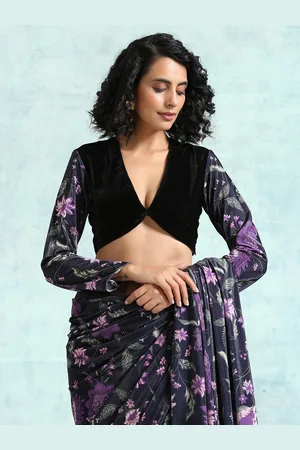 trueBrowns Women Black & Purple Printed Velvet Saree Blouse
