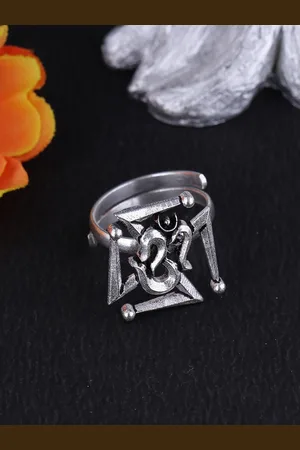 Voylla Women Oxidised Silver-Plated Handcrafted Aarambh Om-Swastika Finger Ring