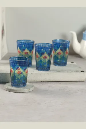 Krsnaa Mehta Beryl Fir 4 Pcs Blue Printed Chai Glass 140 ml each