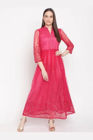 BE INDI Georgette Floral Embellished Mandarin Collar Sheer Maxi Dress
