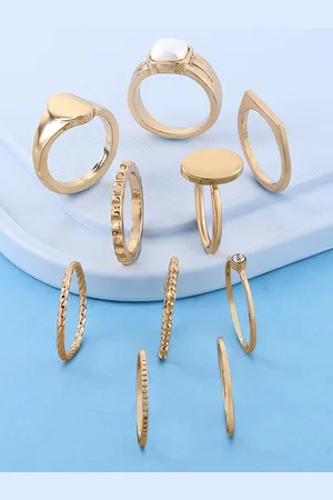 Ami Women Set of 10 Gold Plated Contemporary Designed Finger Rings