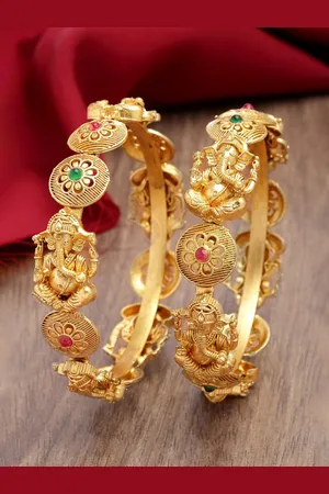 karatcart Set Of 2 Gold-Plated Stone Studded Lord Ganesha Temple Bangles
