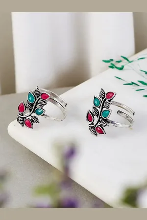 ATIBELLE Set of 2 German Silver Stone Studded Toe Rings